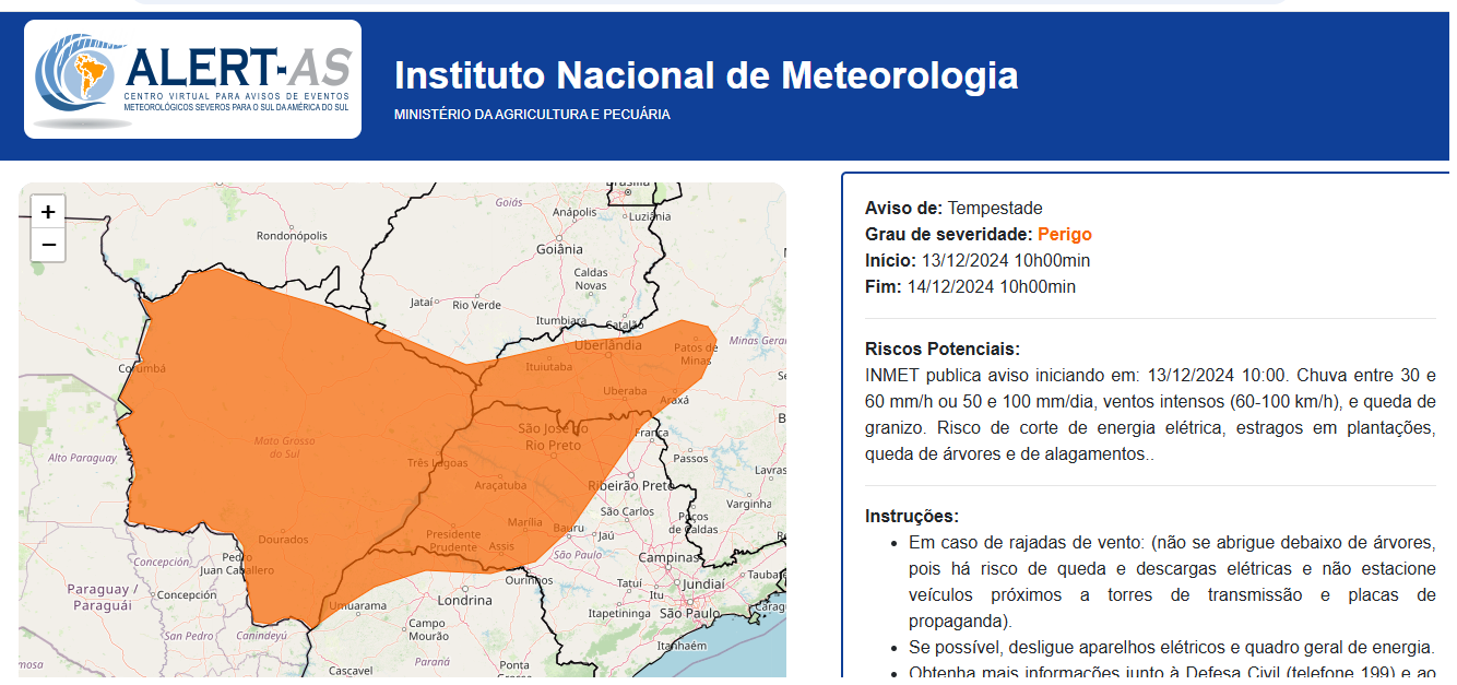 Instituto Nacional de Meteorologia alerta para chuvas e ventos fortes em Rancharia