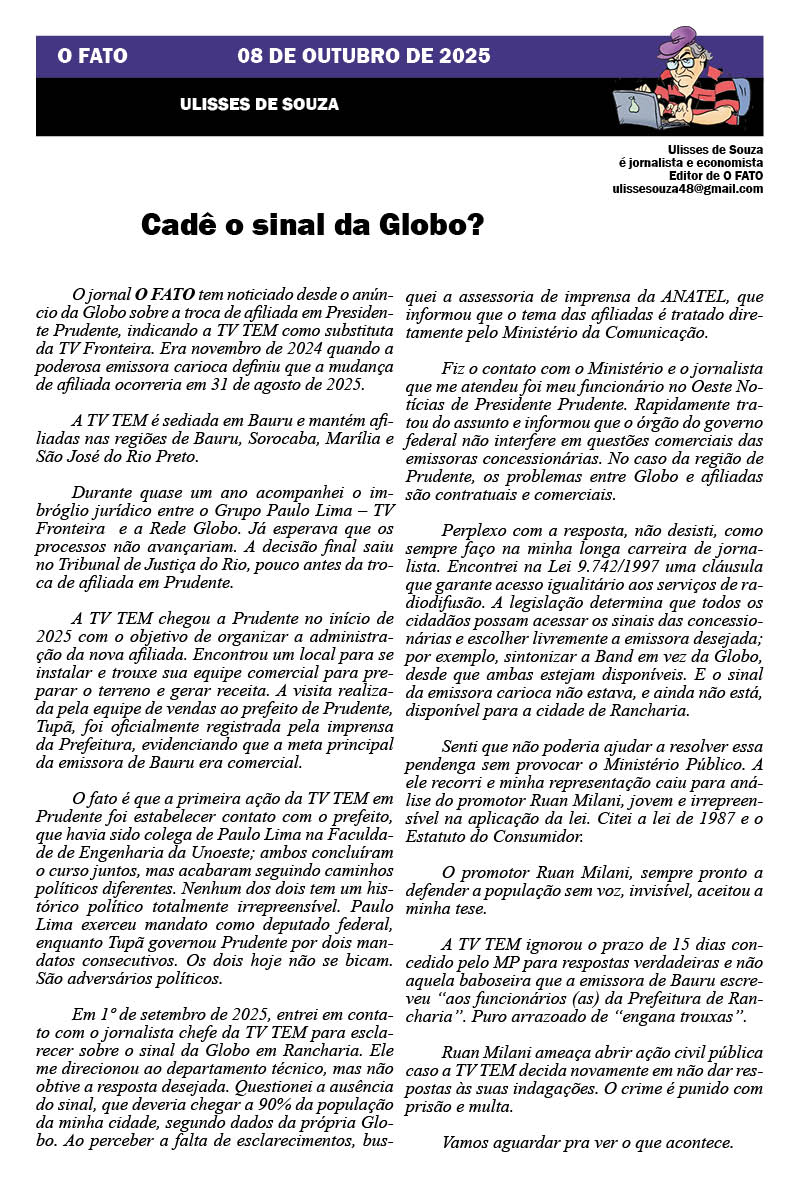 Artigo sobre a falta de sinal da TV TEM do jornalista Ulisses de Souza, publicado em O FATO