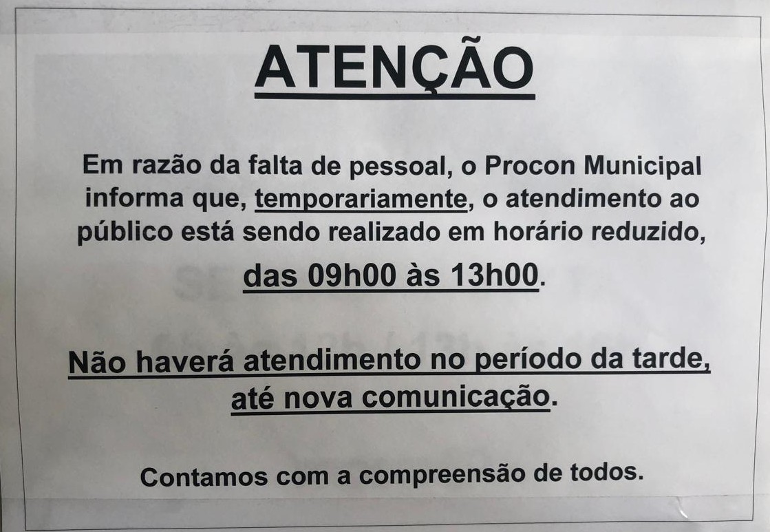 Procon de Rancharia restringe horário de atendimento por falta de funcionário